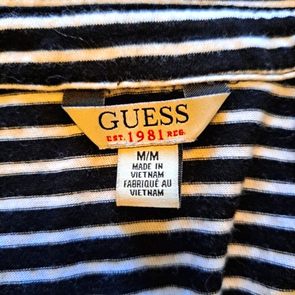 Guess Black White Striped Button Down Zip Pocket Roll Tab Sleeves Size Medium - Picture 8 of 8